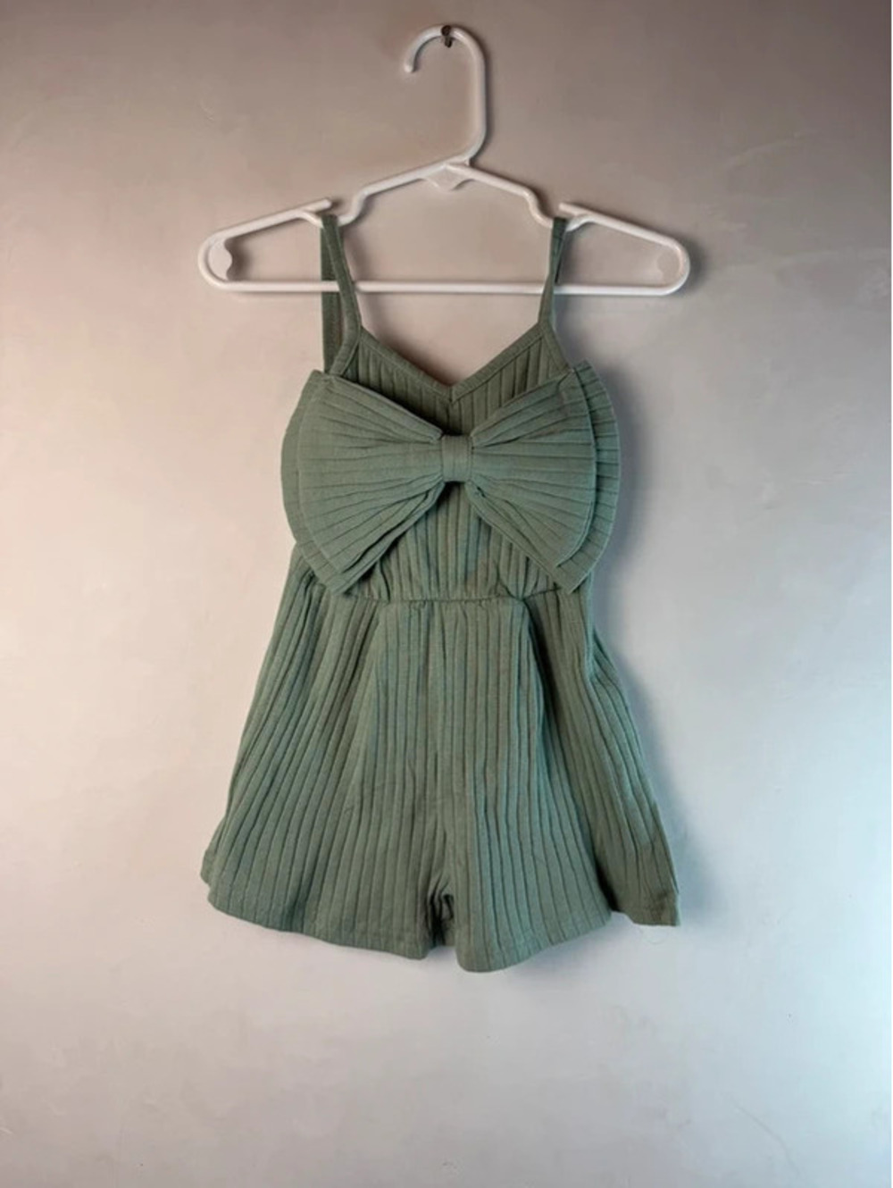 Cotton romper sage color with big bow size 12 to 18 months